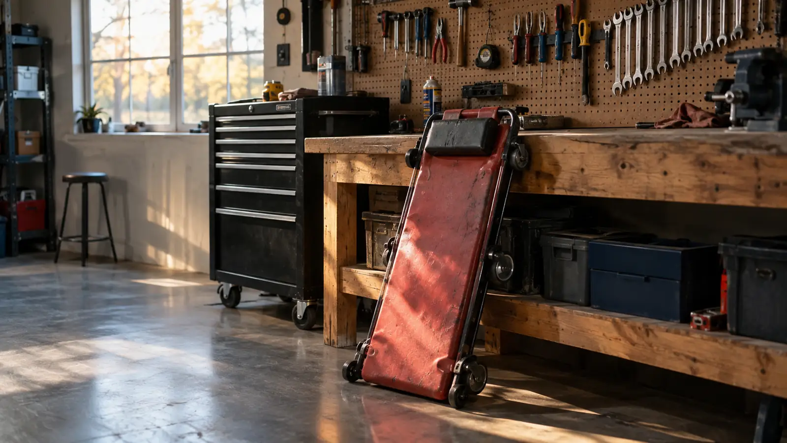 A mechanic creeper leaning against a wooden workbench beside a rolling tool chest in a garage.