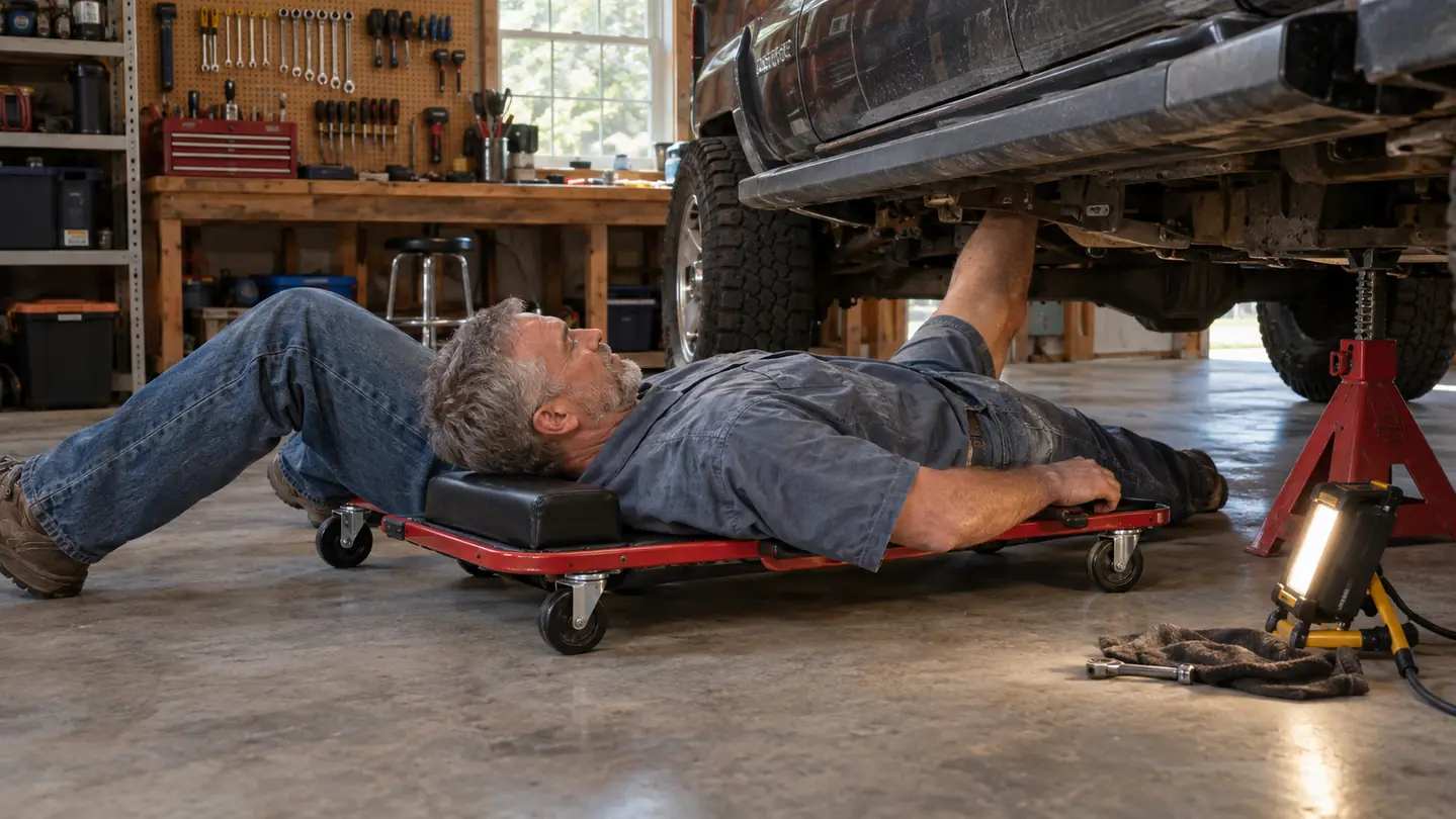 The Pro-LifT Mechanic Creeper lying flat on a concrete garage floor beside a pickup truck on jack stands, with the headrest visible and a work light on