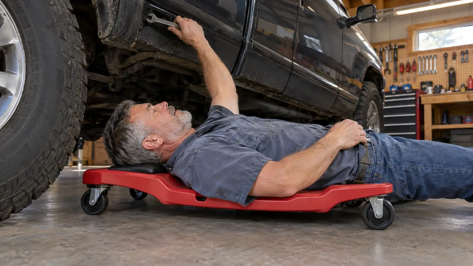 Mechanic lying on the Pro-LifT creeper under a truck, reaching up into the wheel well with a wrench