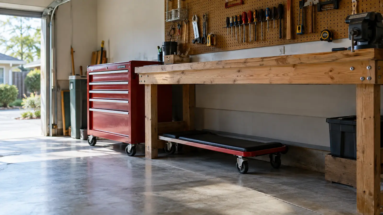 The Pro-LifT creeper stored under a long wooden workbench in a garage, with a rolling tool chest and pegboard nearby