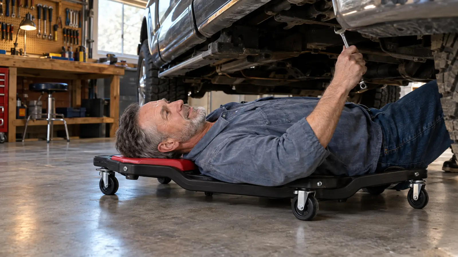 A mechanic on a creeper reaching up toward the underside of a truck with a wrench