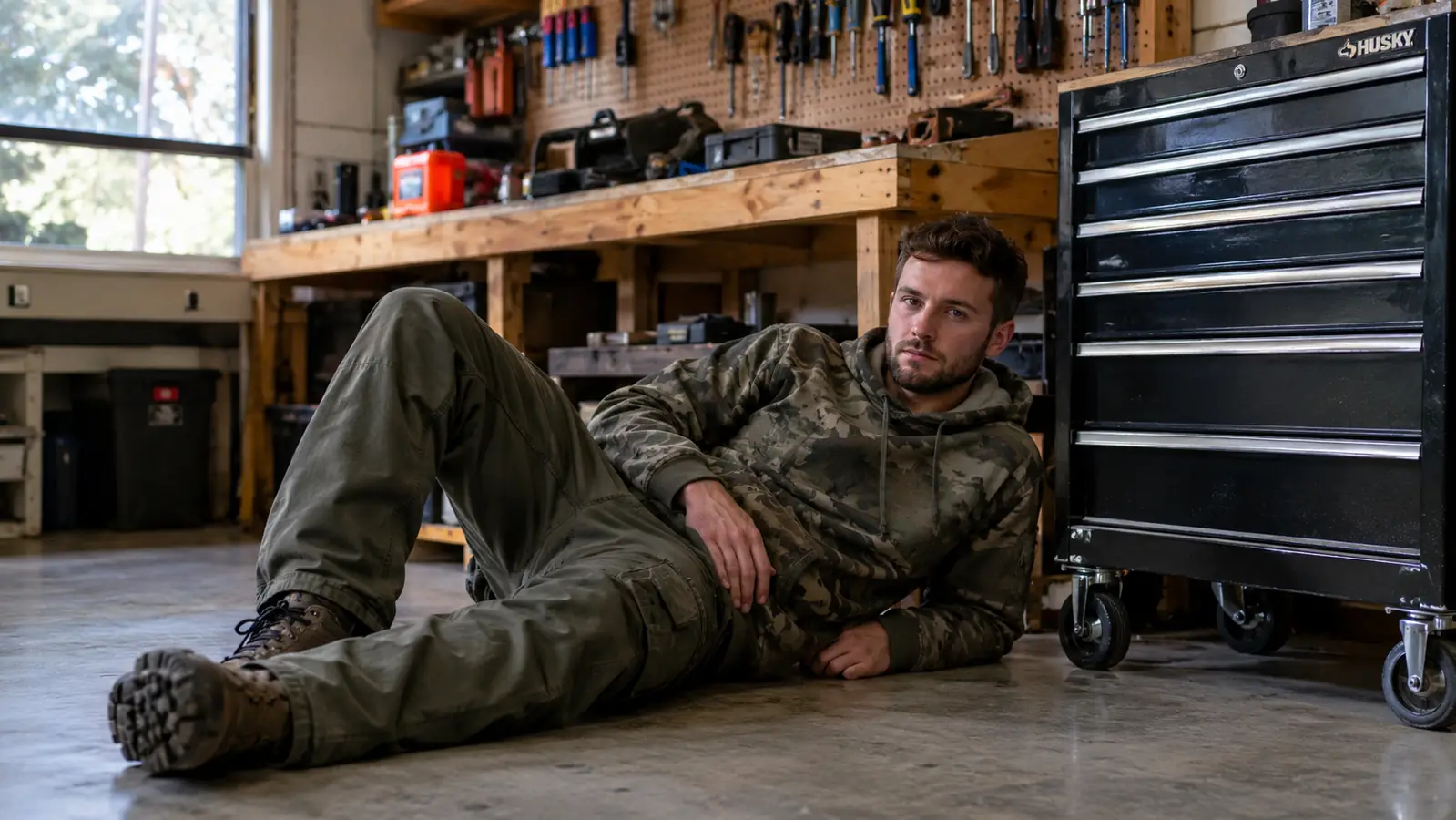 A creeper lying on a garage floor beside a rolling tool chest and a workbench